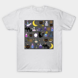 Black Cat Black Magic_Grey Background T-Shirt